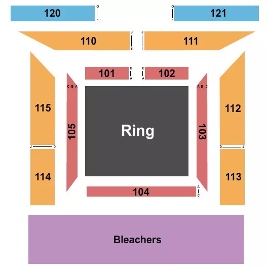 Armored MMA Seating Chart at Boeing Center at Tech Port. The chart shows the main floor/stage with seating options surrounding it, which are color coded